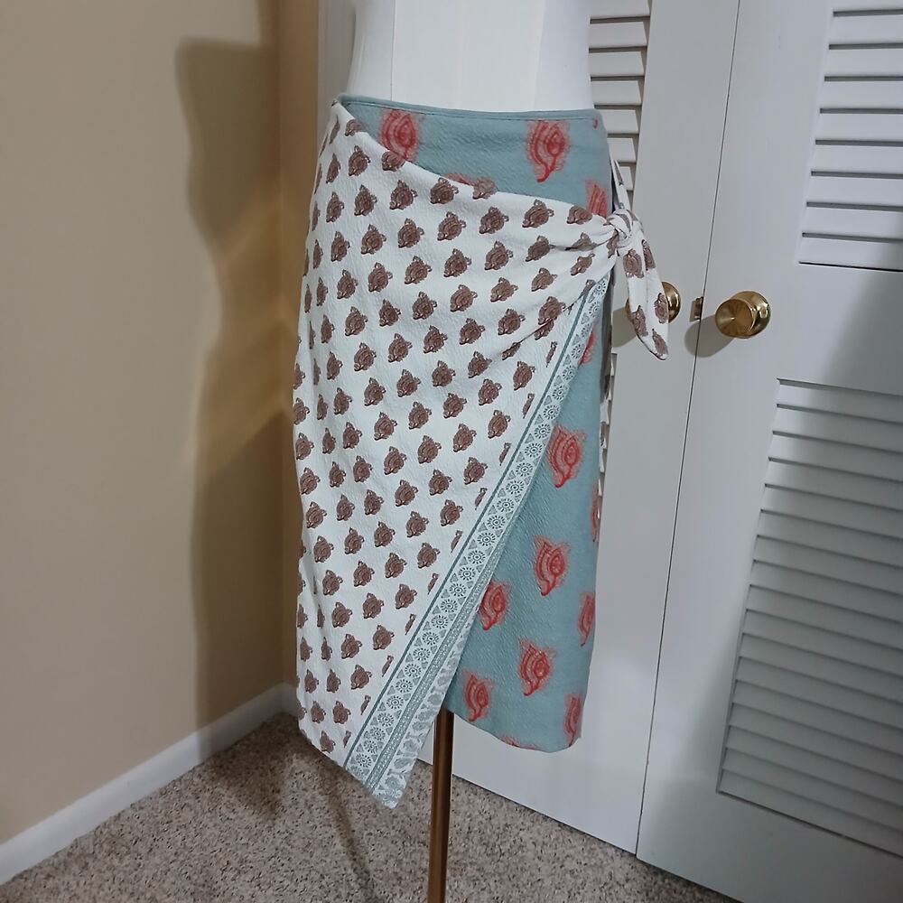 MAEVE faux wrap skirt size 2 Aqua/coral/white knotted waist rear zip floral